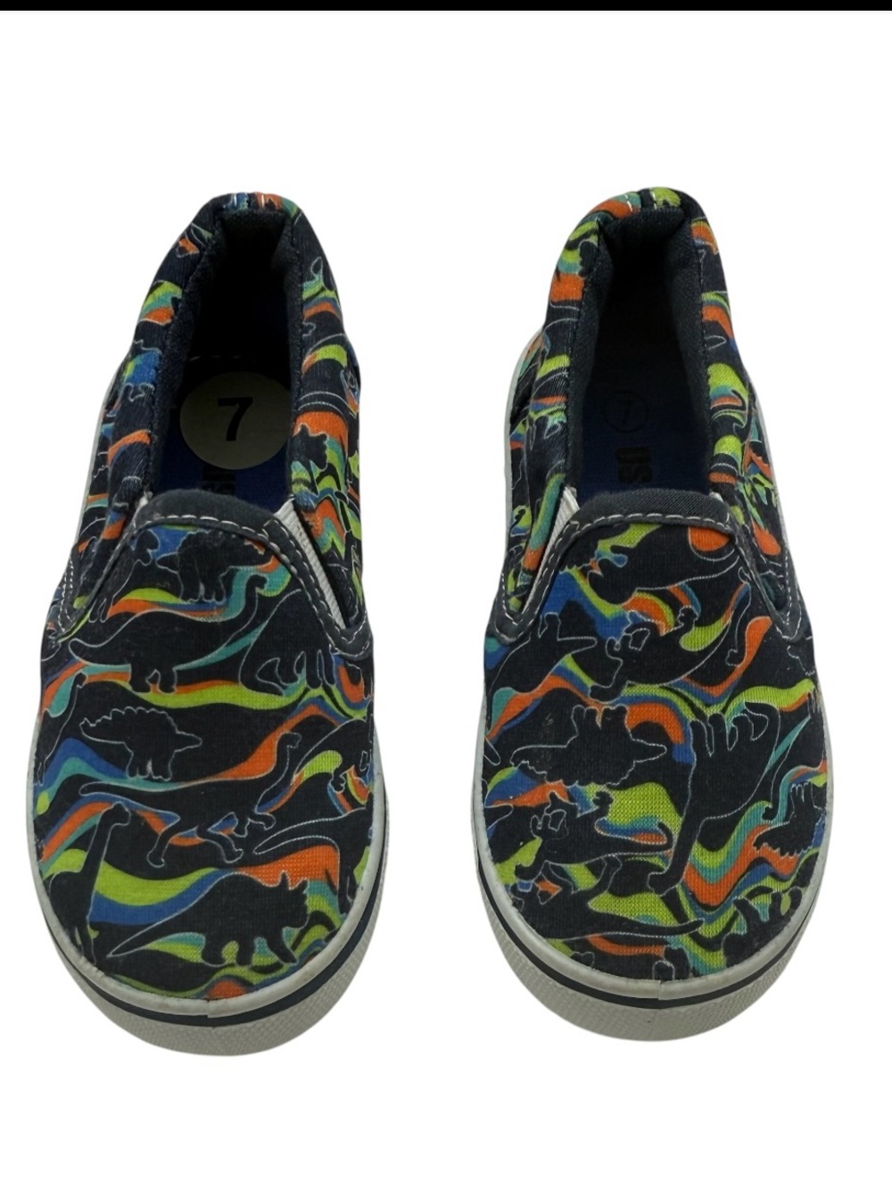 Us Sports toddler slip-on sneakers feature a colorful dinosaur pattern Sz(7)